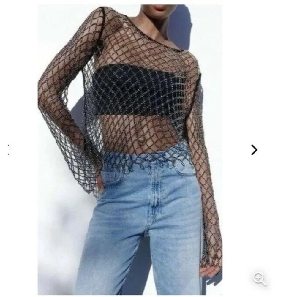 Zara Women’s Black Beaded Mesh Fishnet Top XS Alternative Goth Glam Festival